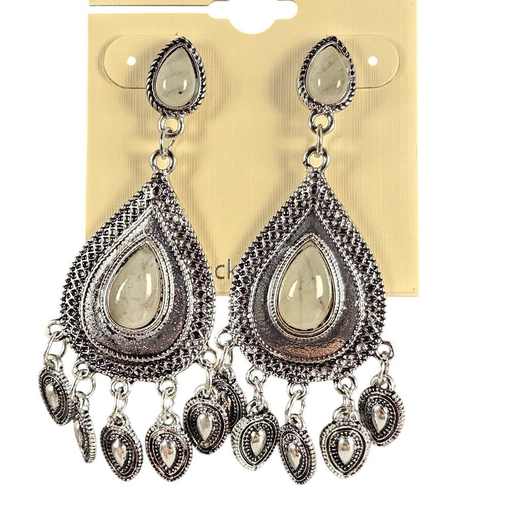 Silver Tone Teardrop Dangle Earrings Boho Statement Chandelier 2.5" BKE